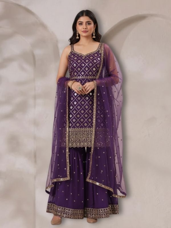 Women's Regal Purple Embroidered Sharara Suit with Net Dupatta