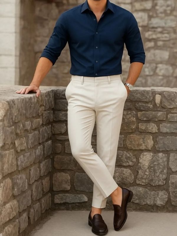 Men's Beige Trousers with White  Shirt Set