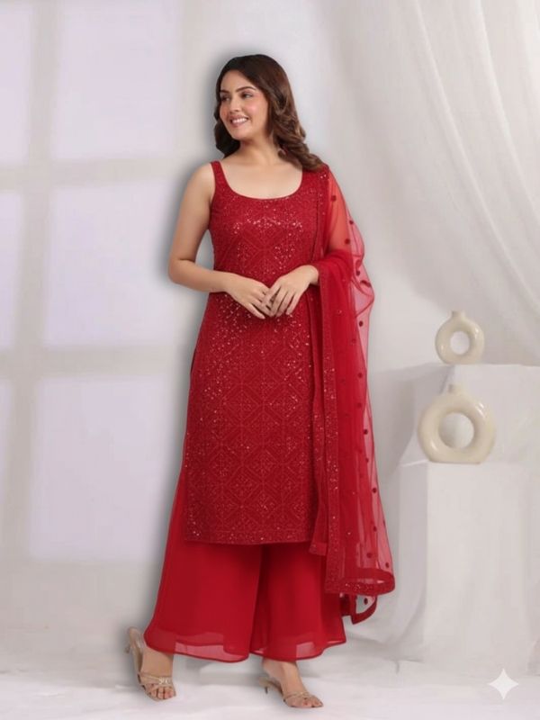 Women's Festive Red Sequin Work Kurta, Palazzo, and Dupatta Set